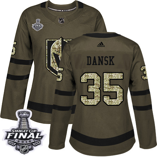 Adidas Golden Knights #35 Oscar Dansk Green Salute to Service 2018 Stanley Cup Final Women's Stitched NHL Jersey